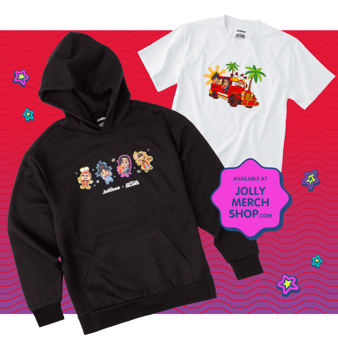 Jollibee x Forgotten Island hoodie and t-shirt on a red background and 'Available at jollymerchshop.com' text. 
