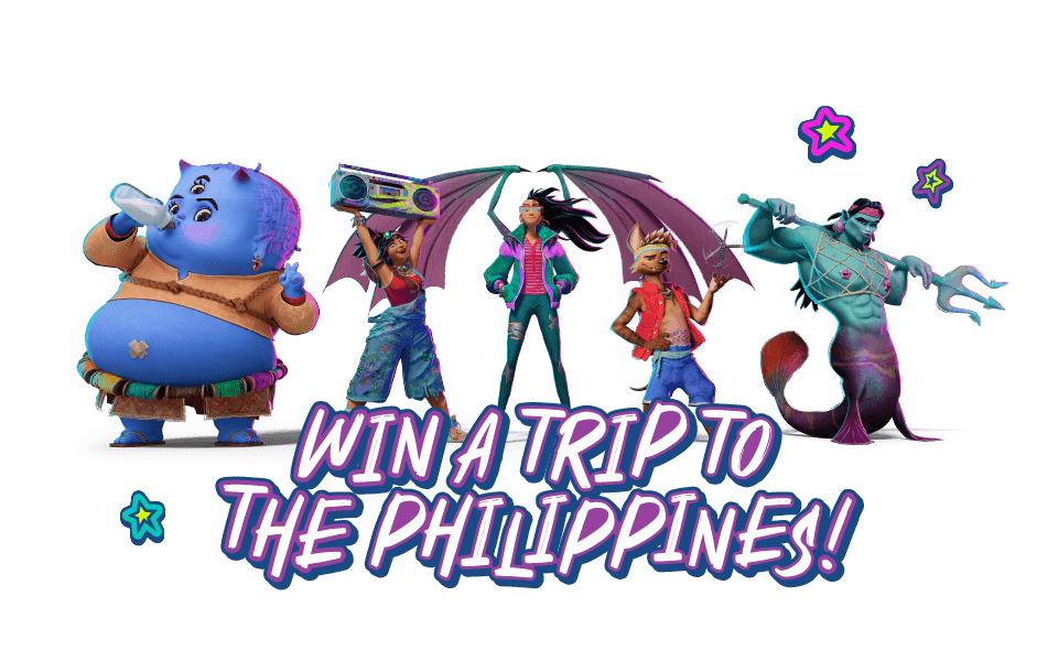 Graphic of Jollibee and Dream Works Forgotten Island movie with the characters on a transparent background..