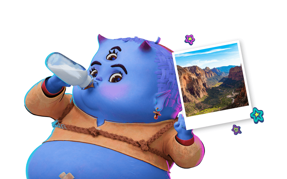 Graphic of Forgotten Island character Bungi with a photo of a scenic national park on a transparent background.