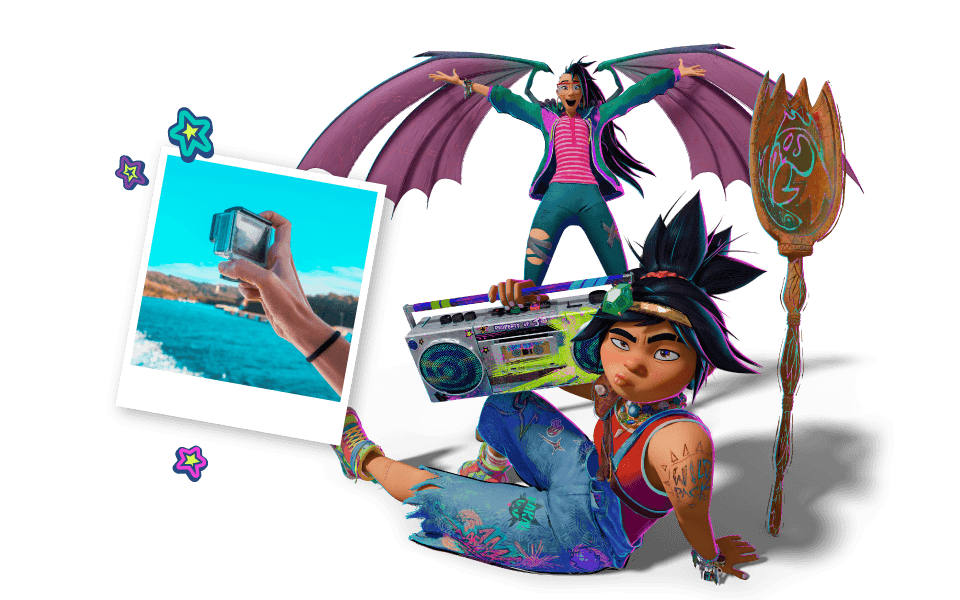 Graphic of Forgotten Island characters Jo and Raissa with a boombox and photo of a camera on a transparent background.