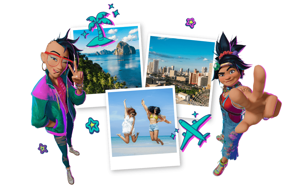 Graphic of Forgotten Island main characters with photos of nice places on a transparent background.