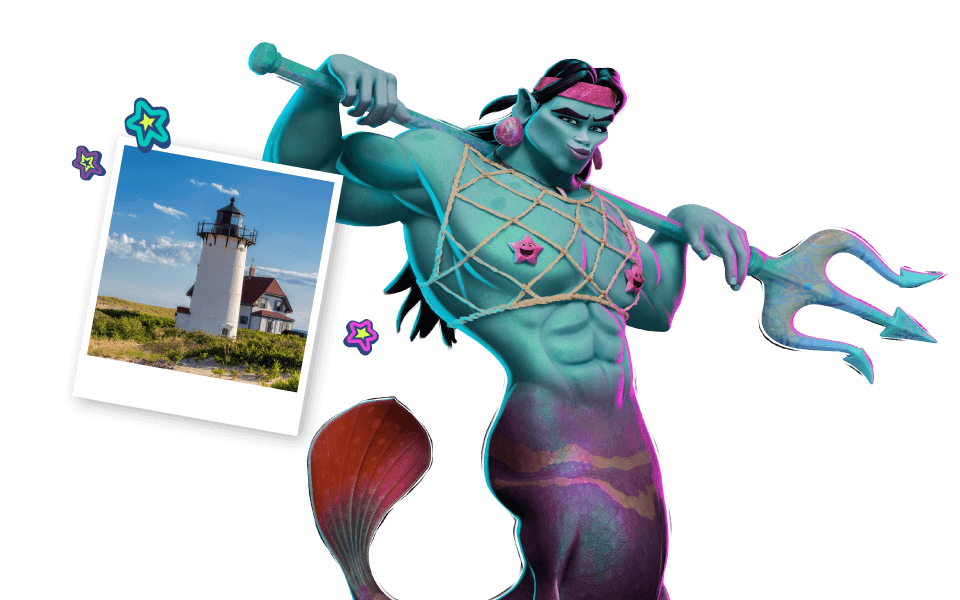 Graphic of Forgotten Island character Mermahn with a photo of a scenic view on a transparent background.