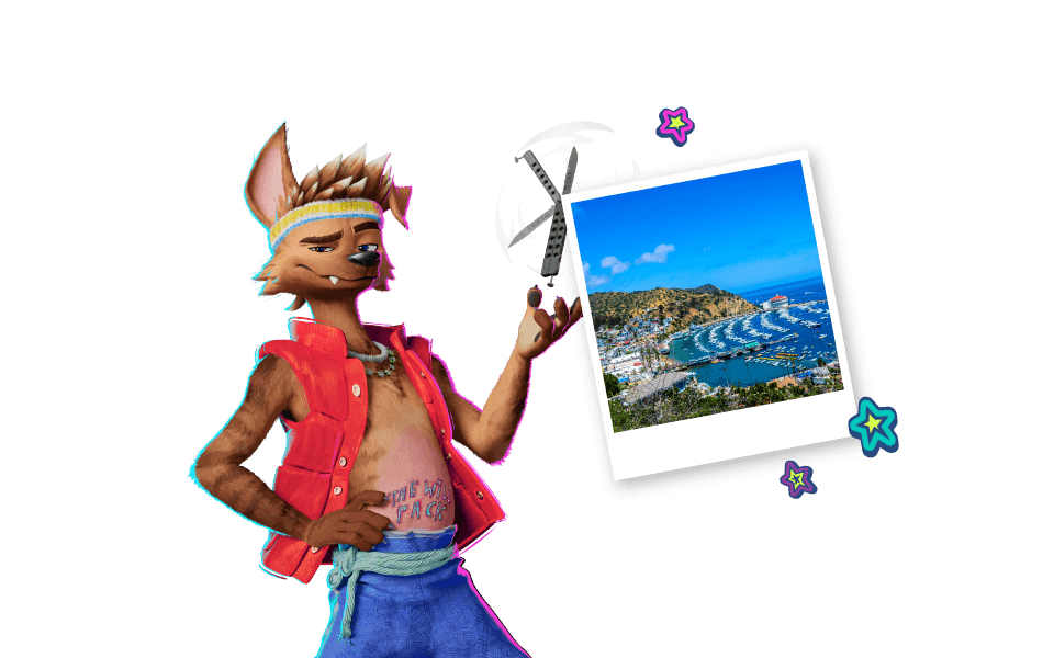 Graphic of the Forgotten Island character Raww with a photo of a beach on a transparent background.