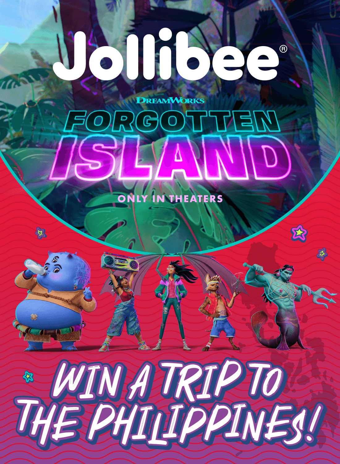Graphic of Jollibee and Dream Works Forgotten Island movie with 'WIN A TRIP TO THE PHILIPPINES' text on a red background.