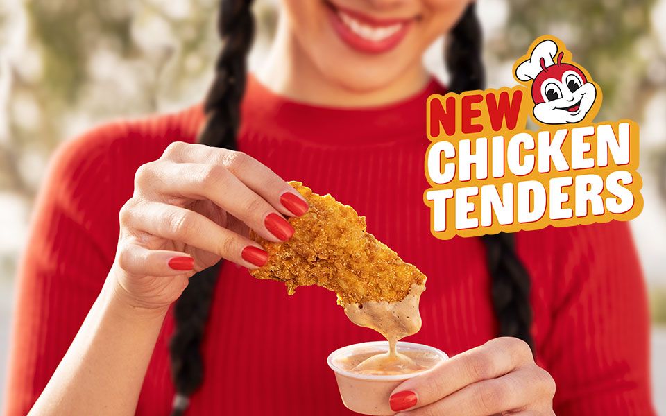 Jollibee New Chicken Tenders with a girl smiling holding a chicken tender with signature dip