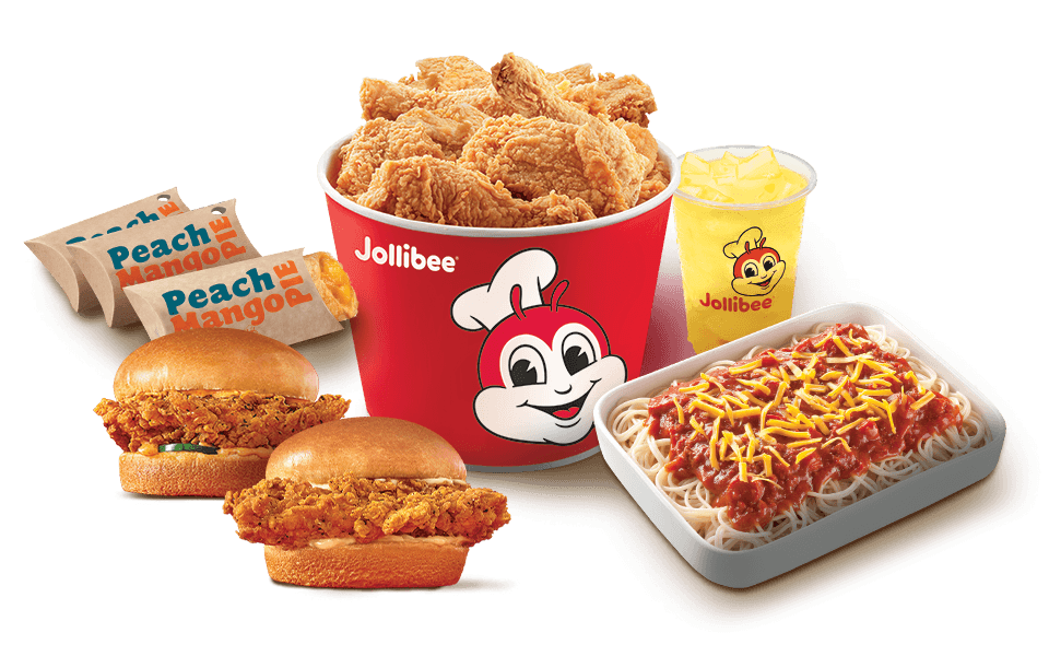 Jollibee bucket treat with chicken sandwiches, peach mango pies, jolly spaghetti, and pineapple quencher.
