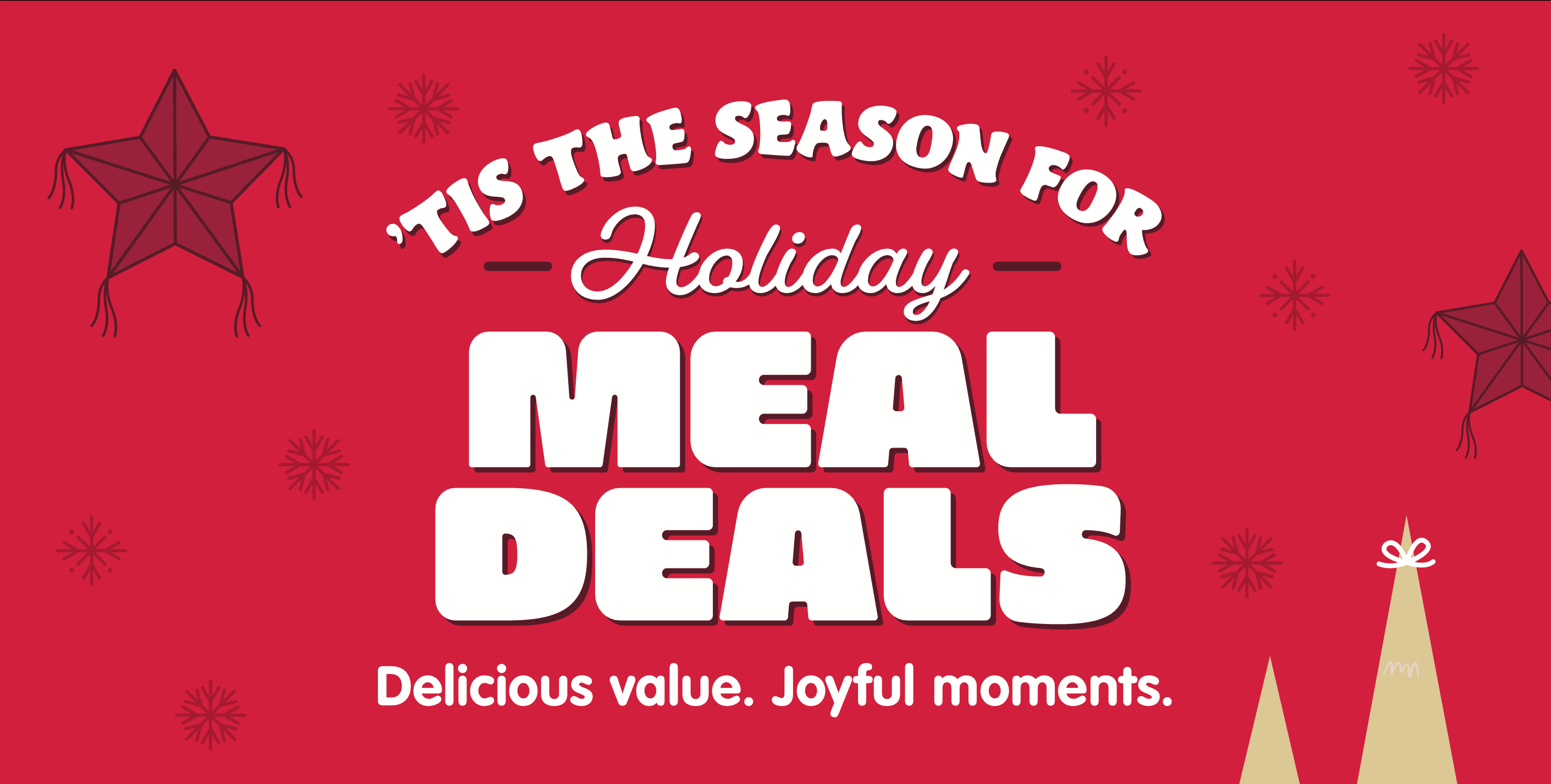 Jollibee Holiday Meal Deals graphic with 'Delicious value. Joyful moments.' text on a red background