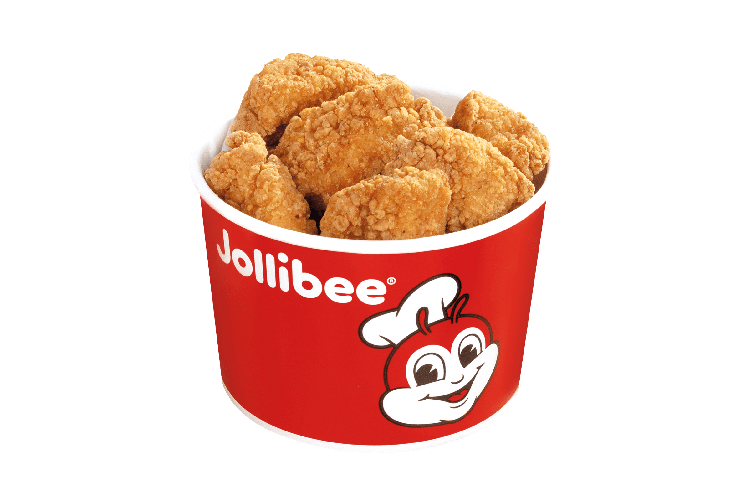 Fifteen piece chicken nuggets in a red bucket with the Jollibee logo on it on a transparent background.