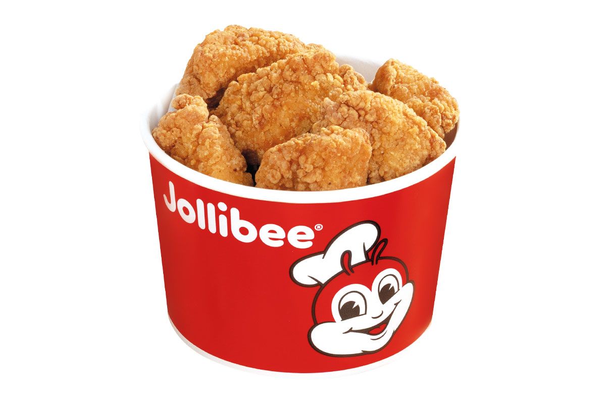 A bucket of Jollibee chicken nuggets on a white background.