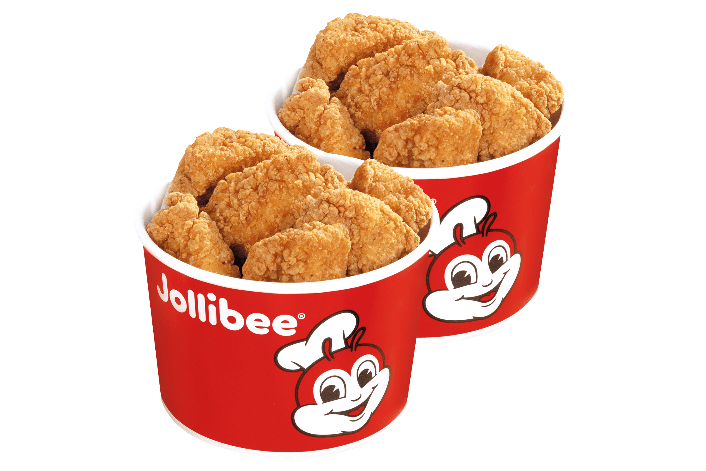 Two red buckets of chicken nuggets with the Jollibee logo on it on a transparent background.