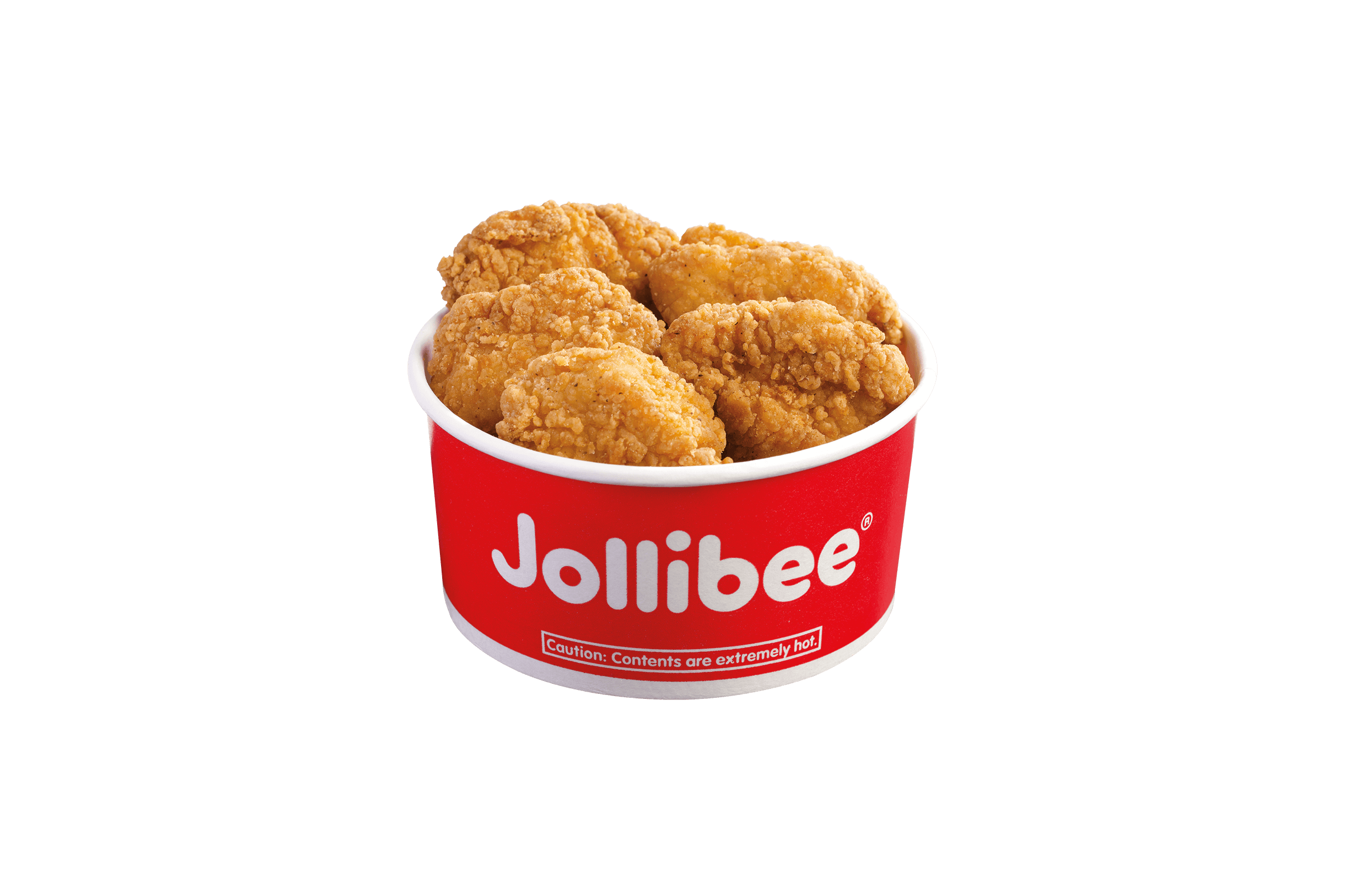 Chicken nuggets in a small red bucket with the Jollibee logo on it on a transparent background.