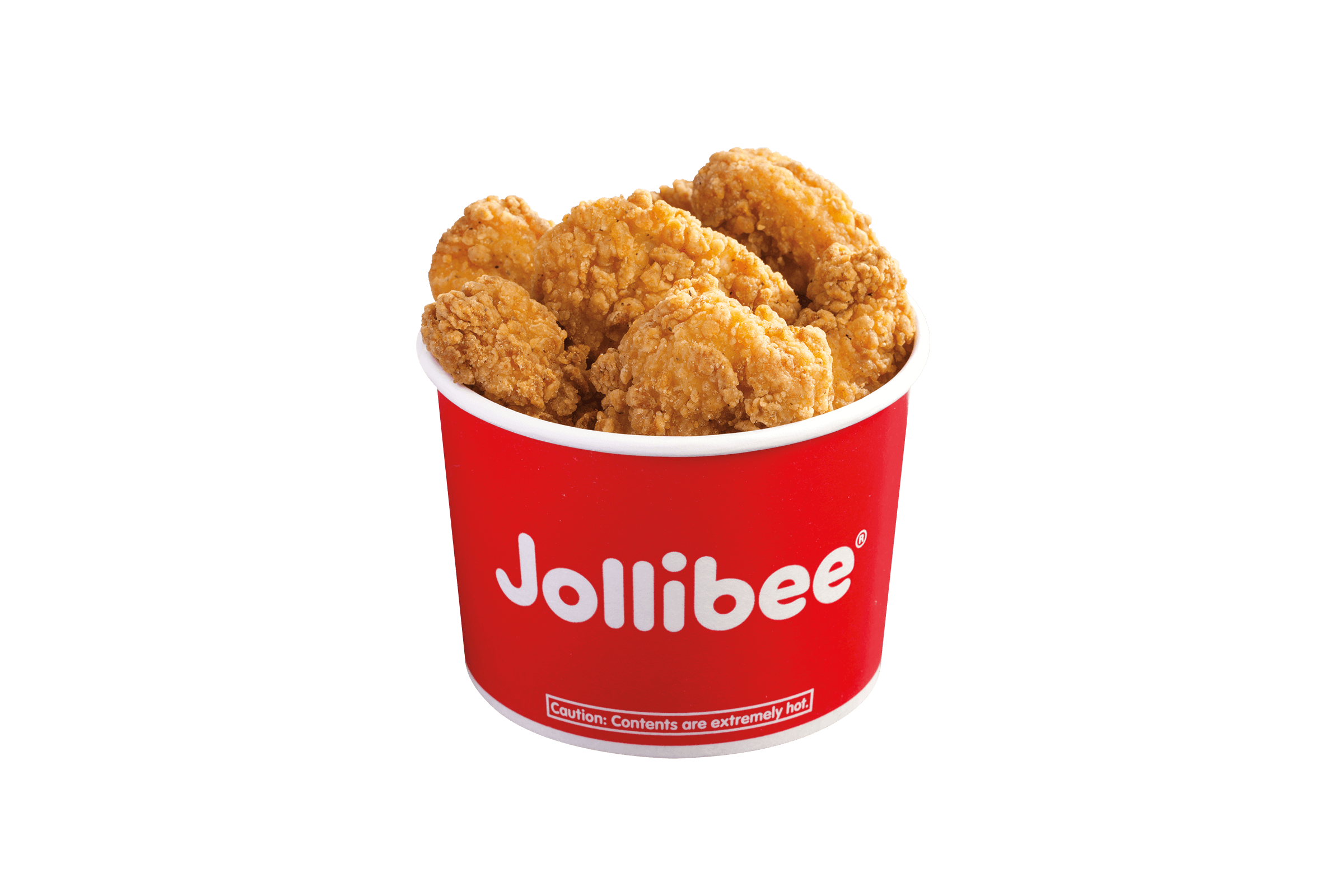 Eight piece chicken nuggets in a small red bucket with the Jollibee logo on it.