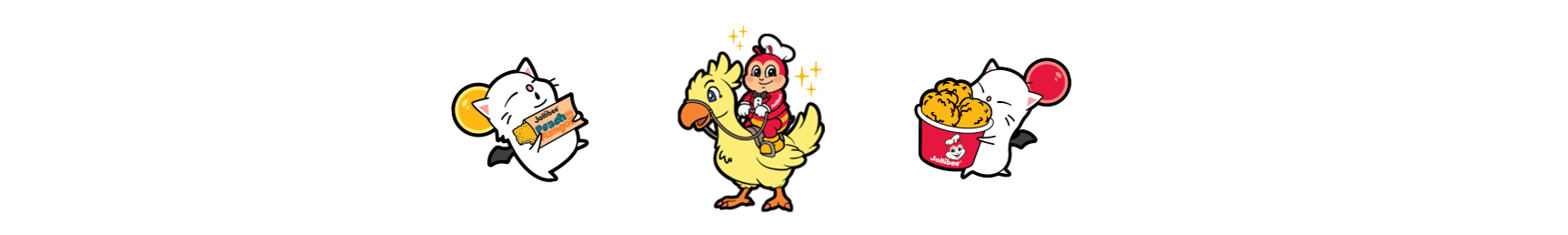 Jollibee riding on a chocobo with two cute moogles on a white backgorund.
