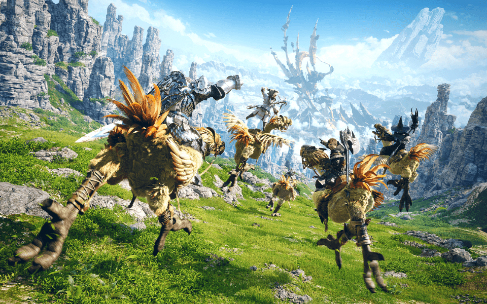 Final Fantasy game characters on a scenic background
